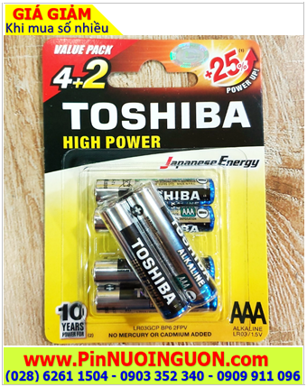 Pin Toshiba LR03GCP BP6-2FPV; Pin đũa AAA 1.5v Alkaline Toshiba LR03GCP BP6-2FPV chính hãng _Loại Vỉ 6viên